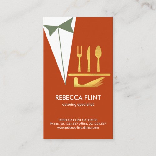 Stylish Waiter Butler Tuxedo Suit Gold Cutlery Business Card