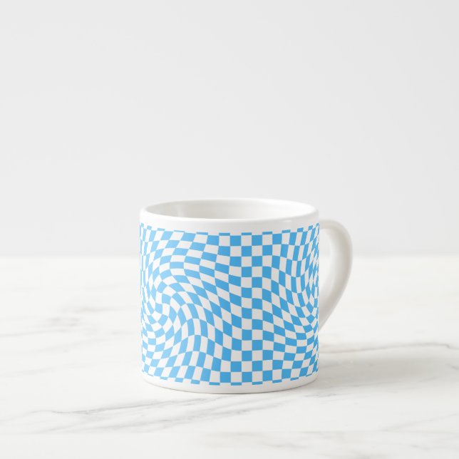 Stylish Warped Checkered Pattern Blue & White  Espresso Cup (Front Right)
