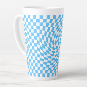Stylish Warped Checkered Pattern Blue & White   Latte Mug