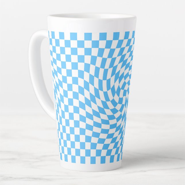 Stylish Warped Checkered Pattern Blue & White   Latte Mug (Left Angle)