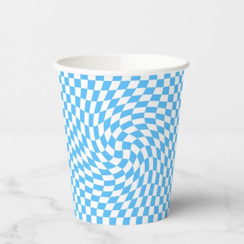 Stylish Warped Checkered Pattern Blue  White Paper Cups