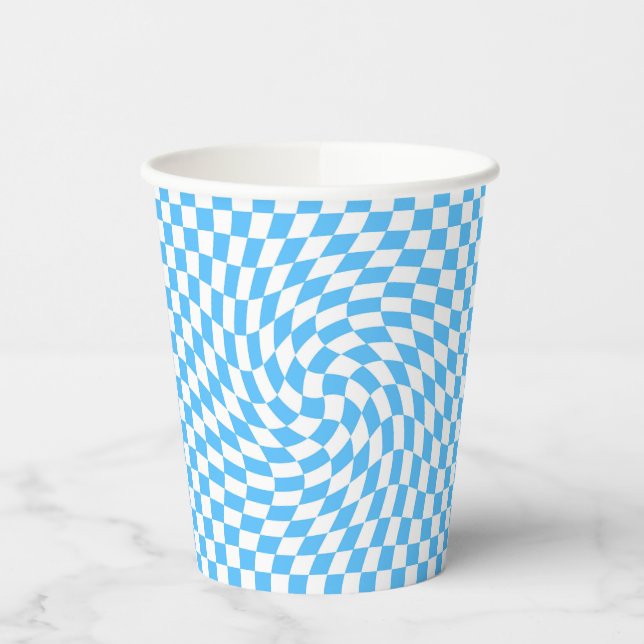 Stylish Warped Checkered Pattern Blue & White Paper Cups (Left)