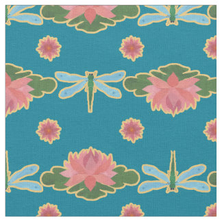 Stylish Water Lilies and Dragonfly on Blue Fabric