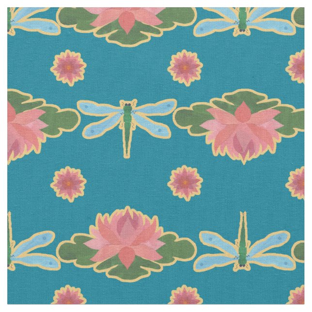 Stylish Water Lilies and Dragonfly on Blue Fabric (Close Up)
