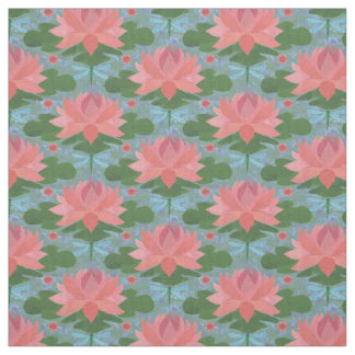 Stylish Water Lilies and Dragonfly on Blue Fabric