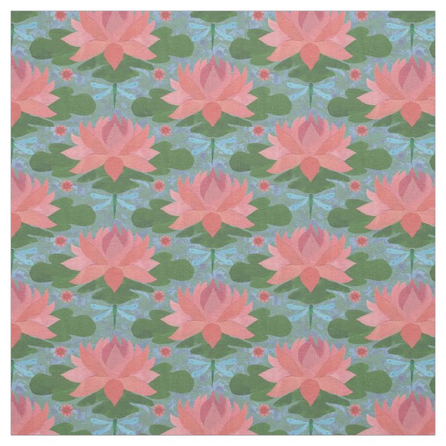 Stylish Water Lilies and Dragonfly on Blue Fabric (Swatch)