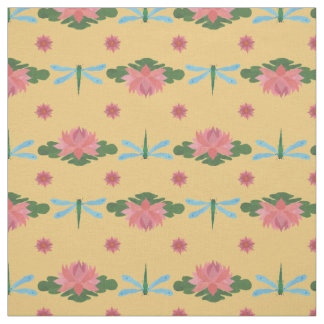 Stylish Water Lilies and Dragonfly on Sand Fabric