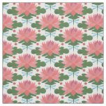 Stylish Water Lilies and Dragonfly on White Fabric