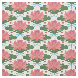 Stylish Water Lilies and Dragonfly on White Fabric