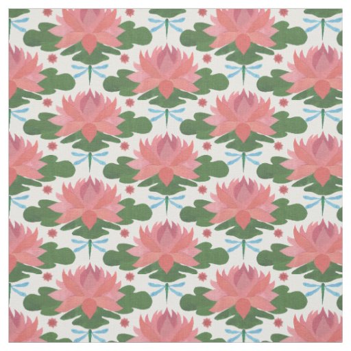 Stylish Water Lilies and Dragonfly on White Fabric