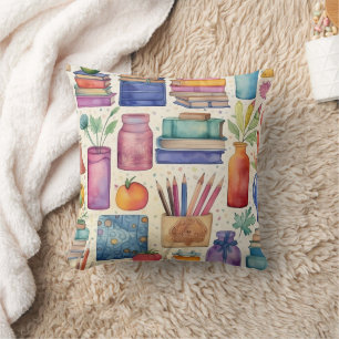 Stylish Watercolor Back to School Supplies Pattern Throw Pillow