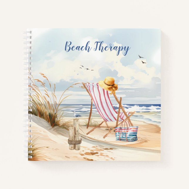 Stylish Watercolor Beach Ocean Monogram Notebook (Front)