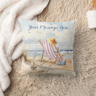 Stylish Watercolor Beach Ocean Sand Personalize Throw Pillow