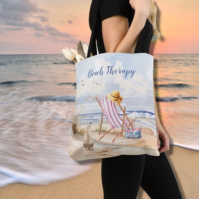 Stylish Watercolor Beach Ocean Sand Personalize Tote Bag (Creator Uploaded)