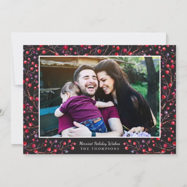 Stylish Watercolor Berry Merry Christmas Photo Holiday Card (Front)