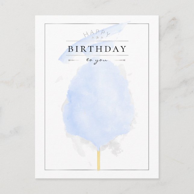 Stylish Watercolor Blue Cotton Candy Birthday Postcard (Front)