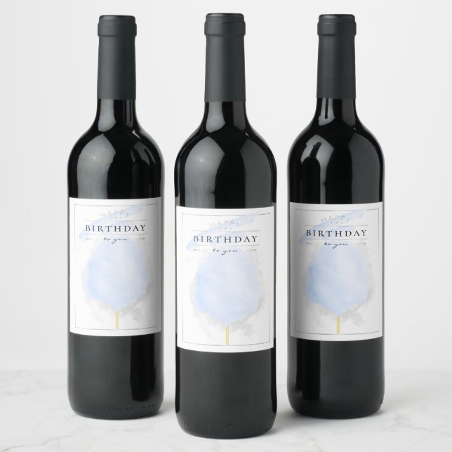 Stylish Watercolor Blue Cotton Candy Birthday Wine Label (Bottles)