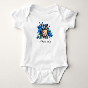 Stylish Watercolor Blue Owl and Roses Baby Bodysuit