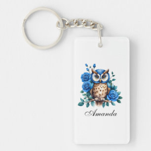 Stylish Watercolor Blue Owl and Roses Keychain