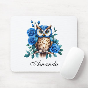 Stylish Watercolor Blue Owl and Roses Mouse Pad