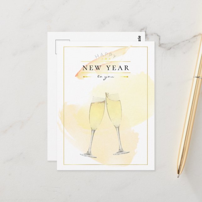 Stylish Watercolor Champagne Glasses New Year Postcard (Front/Back In Situ)