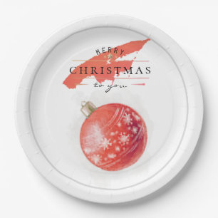 Stylish Watercolor Christmas Tree Red Ball Paper Plates