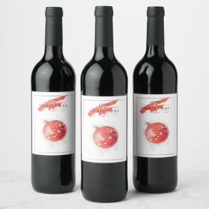 Stylish Watercolor Christmas Tree Red Ball Wine Label