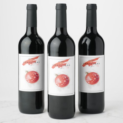 Stylish Watercolor Christmas Tree Red Ball Wine Label