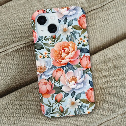 Stylish Watercolor Coral Peonies Floral Pattern iPhone 15 Case