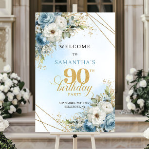 Stylish Watercolor dusty blue gold 90th birthday Poster