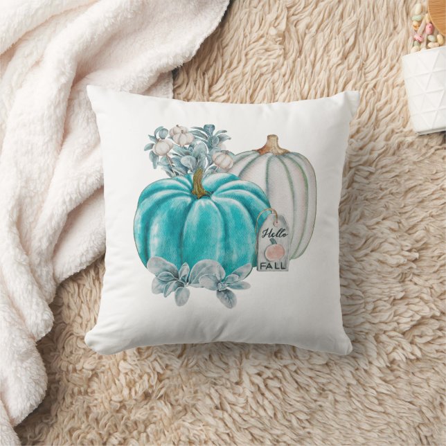 Stylish Watercolor Fall Pumpkins Blue Pink Autumn Throw Pillow (Blanket)