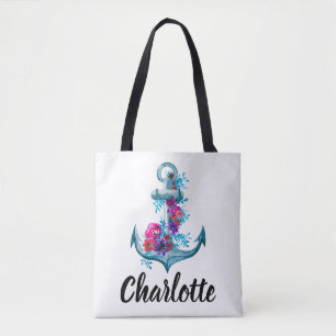 Stylish Watercolor Floral Anchor Illustration Tote Bag