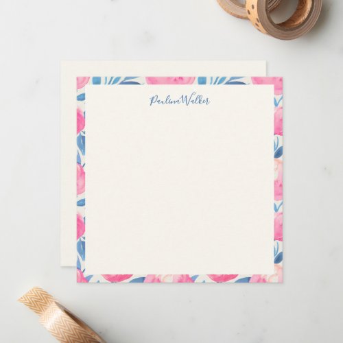 Stylish Watercolor Floral Blue Pink Personalized  Note Card