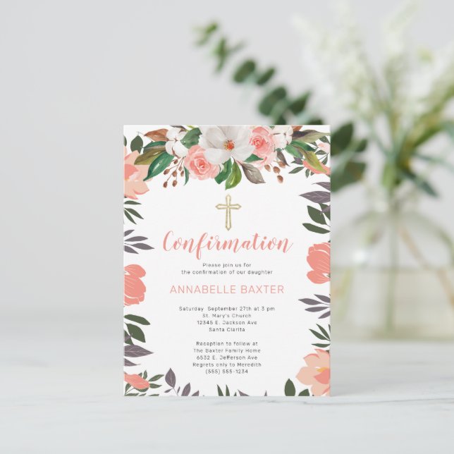 Stylish Watercolor Floral Confirmation Invitation Postcard (Standing Front)