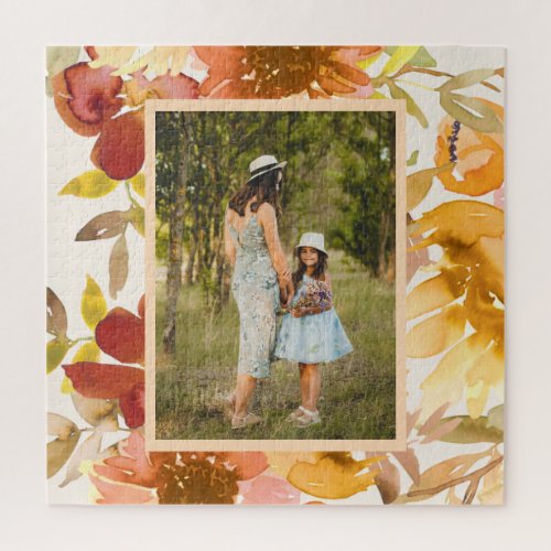 Stylish Watercolor Floral Earthy Custom Photo Jigsaw Puzzle