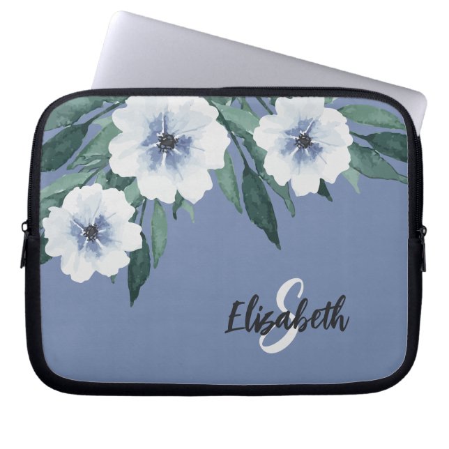 Stylish Watercolor Floral Monogrammed Name Blue Laptop Sleeve (Front)