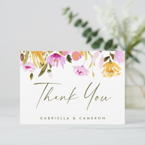 Stylish Watercolor Floral Personalized Wedding Thank You Card
