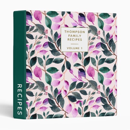 Stylish Watercolor Floral Purple Green Name Recipe 3 Ring Binder