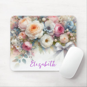 Stylish Watercolor Flowers Your Custom Text Name Mouse Pad