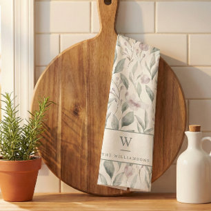Stylish Watercolor Green Eucalyptus Monogram Kitchen Towel