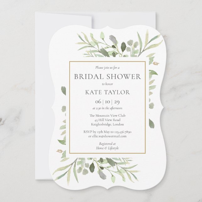 Stylish Watercolor Greenery Bridal Shower Invitation (Front)