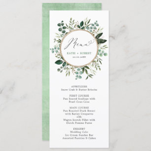 Stylish Watercolor Greenery Gold Wedding Menu Invitation