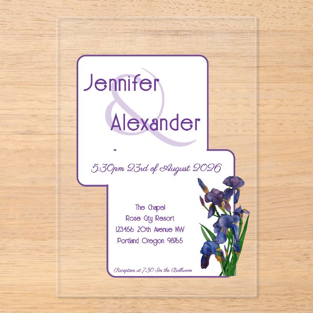 Stylish Watercolor Iris Purple Acrylic Wedding  Invitations (Front)