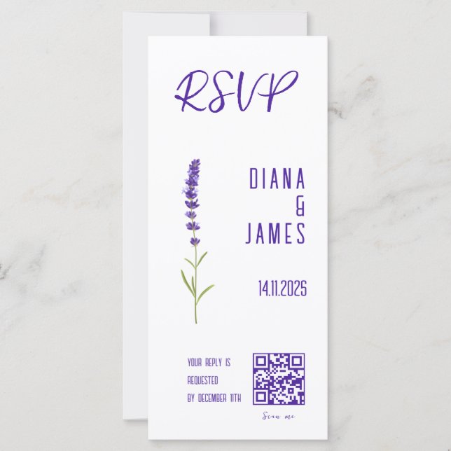 Stylish Watercolor Lavender QR code Wedding RSVP (Front)