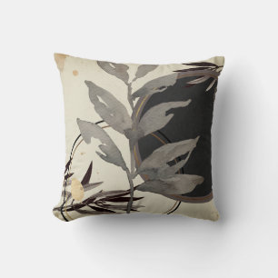 Stylish Watercolor Leaves Black & Cream Throw Pillow