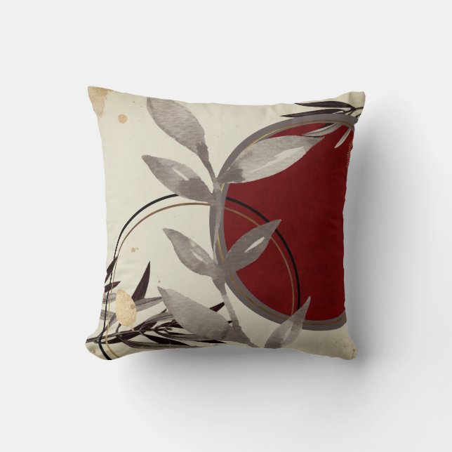 Stylish Watercolor Leaves | Cream & Burgundy Throw Pillow (Front)