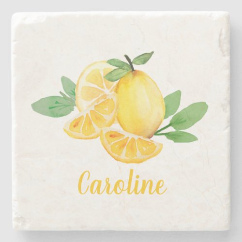 Stylish Watercolor Lemon Fruit Personalized Name Stone Coaster