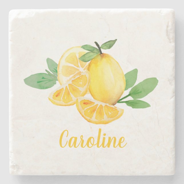 Stylish Watercolor Lemon Fruit Personalized Name Stone Coaster (Front)