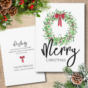 Stylish Watercolor Merry Christmas Wreath No-Photo Holiday Card