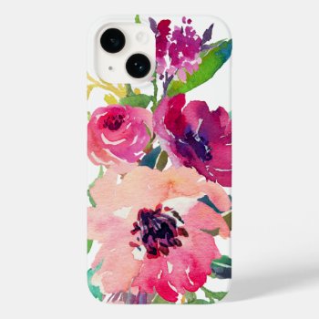 Stylish Watercolor Pink Red Floral Iphone 14 Case by girlygirlgraphics at Zazzle